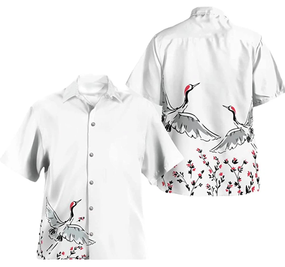 Personalized Japanese Aesthetic Crane Blossom White Pullover Tshirt Gifts Friends Or Yourself Hawaiian Shirt, Button Up Aloha Shirt For Men, Women