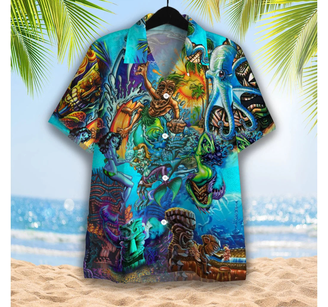 Tiki And Mermaid Island Hawaiian Shirt, Button Up Aloha Shirt For Men, Women