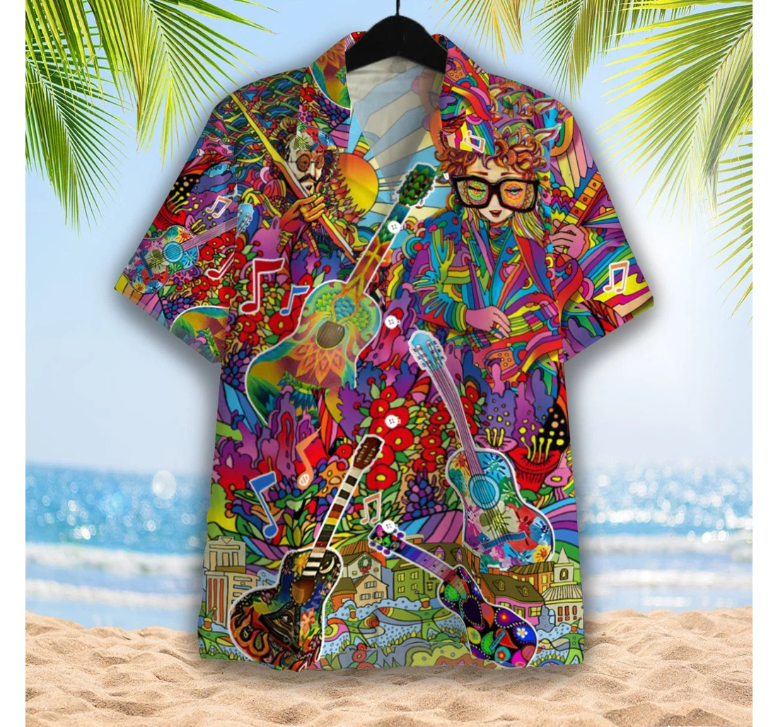 Hippies Guitar Hawaiian Shirt, Button Up Aloha Shirt For Men, Women