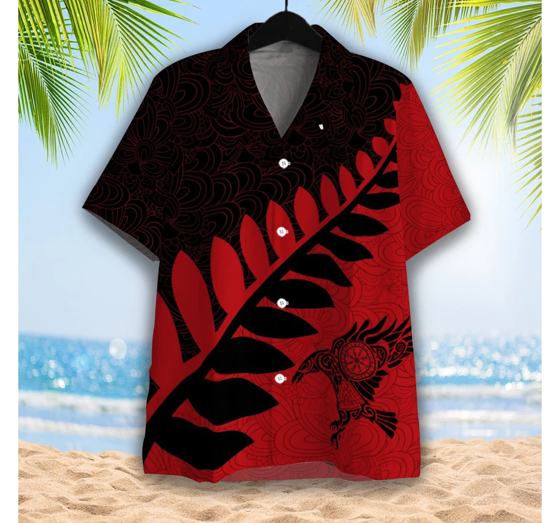 Raven Viking Leaf Red Black Pattern Hawaiian Shirt, Button Up Aloha Shirt For Men, Women