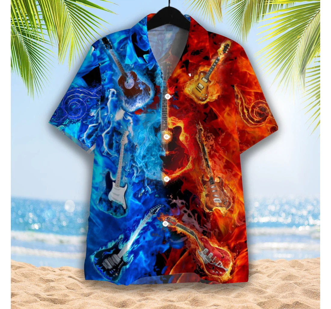 Personalized Fire And Water Guitar Hawaiian Shirt, Button Up Aloha Shirt For Men, Women