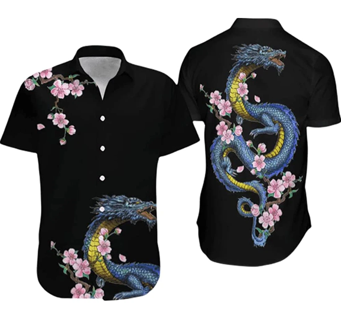 Personalized Japanese Blue Dragon Sakura Cherry Blossom Pullover Tshirt Gifts Friends Or Yourself Hawaiian Shirt, Button Up Aloha Shirt For Men, Women