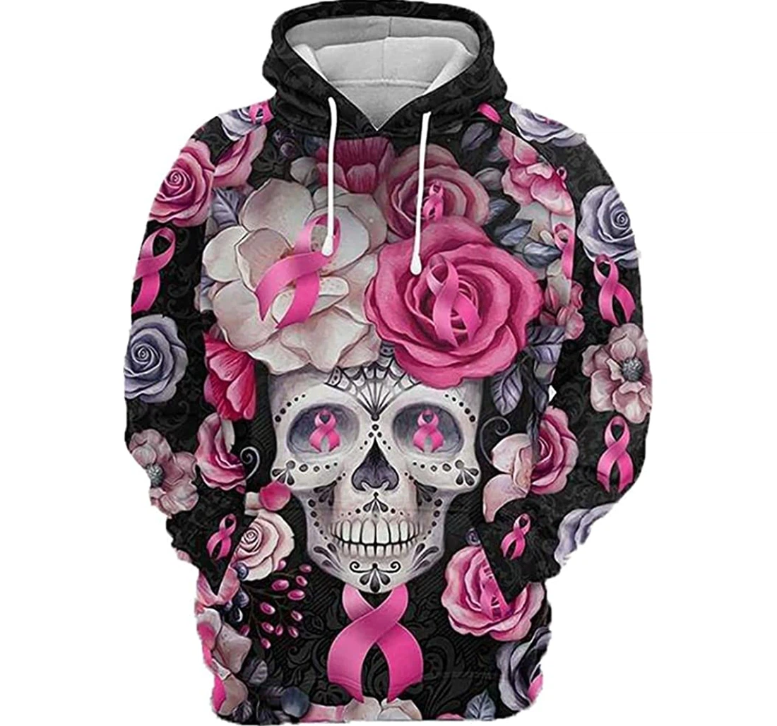 Flower And Skull Breast Cancer Awareness - 3D Printed Pullover Hoodie