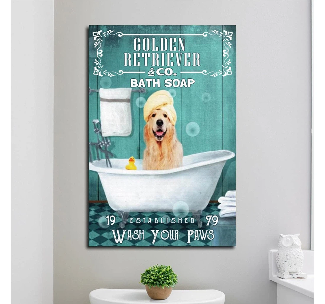 Poster, Canvas - Golden Retriever And Co Bath Soap Wash Your Paws Decor, In The Usa Print Framed Wall Art