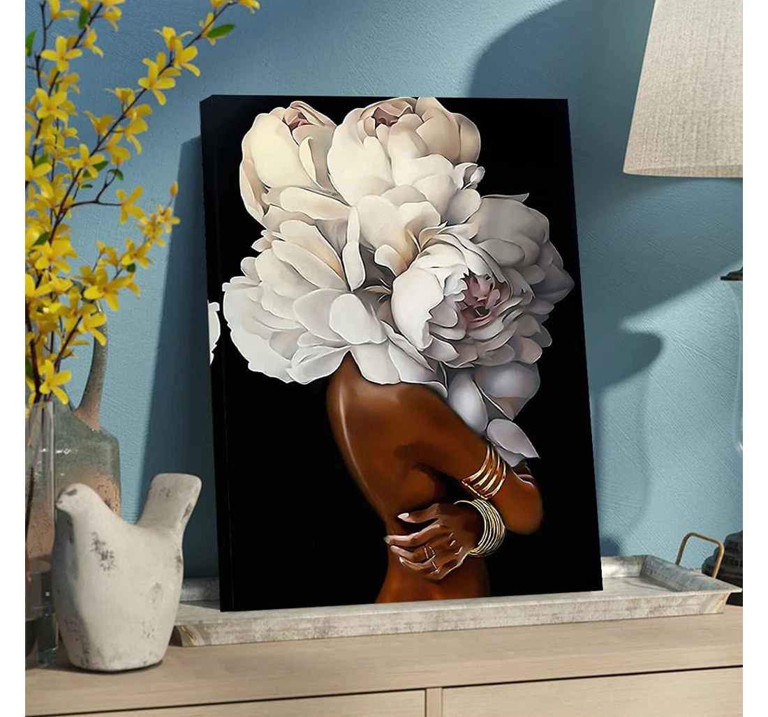 Poster, Canvas - Black Woman Art, Black Girl Black Woman White Flower Head Bedroom,living Room, Print Framed Wall Art
