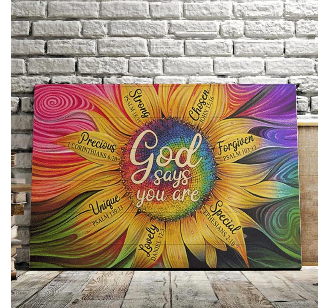 Poster, Canvas - Sunflower – God Says You Are Strong, Precious, Unique, Chosen, Lovely In The Usa Print Framed Wall Art