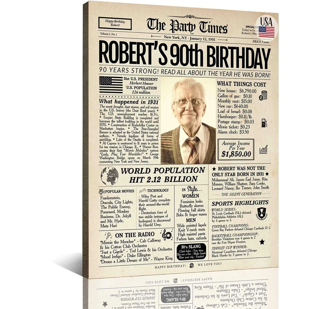 Poster, Canvas - 90th Birthday Anniversary, Back In 1931 Custom Men Women, Party Anniversary Supplies, Gifts Women Or Men Birthday Newspaper Funny Gifts Ideas And Print Framed Wall Art