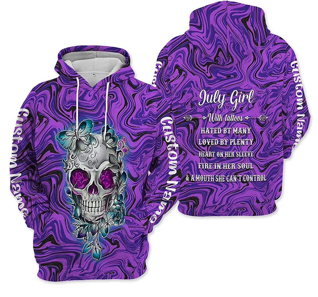 Custom Name Skull Butterfly July Girl Hated By Many Loved By Plenty Heart On Her Sleeve Fire In Her Soul - 3D Printed Pullover Hoodie