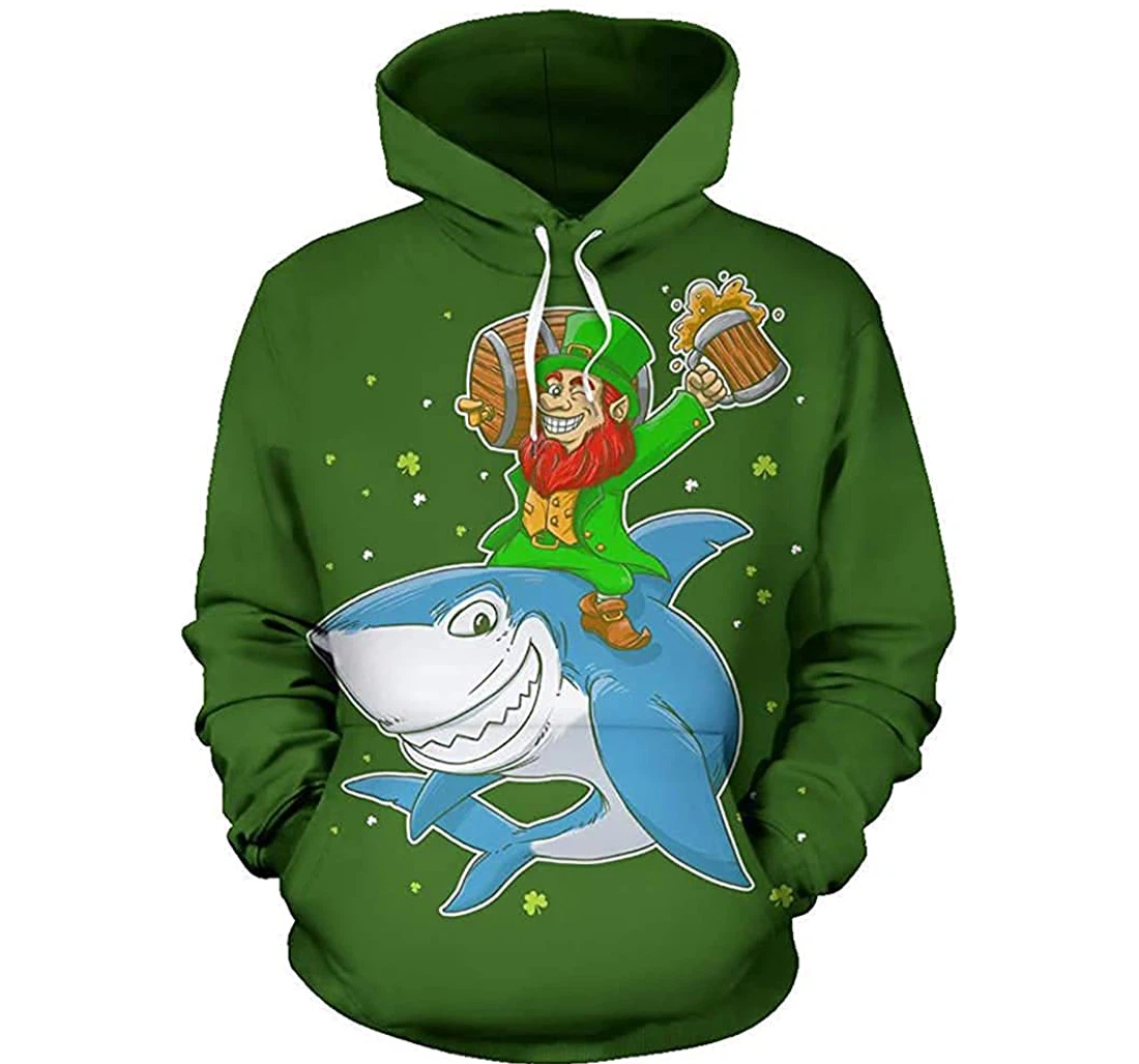 Irish Fishing Leprechaun Riding Shark Green - 3D Printed Pullover Hoodie