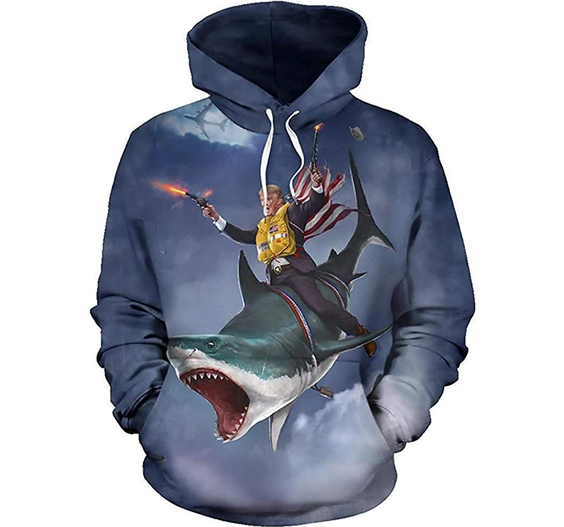 Fishing Donald Trump Riding Great White Shark - 3D Printed Pullover Hoodie