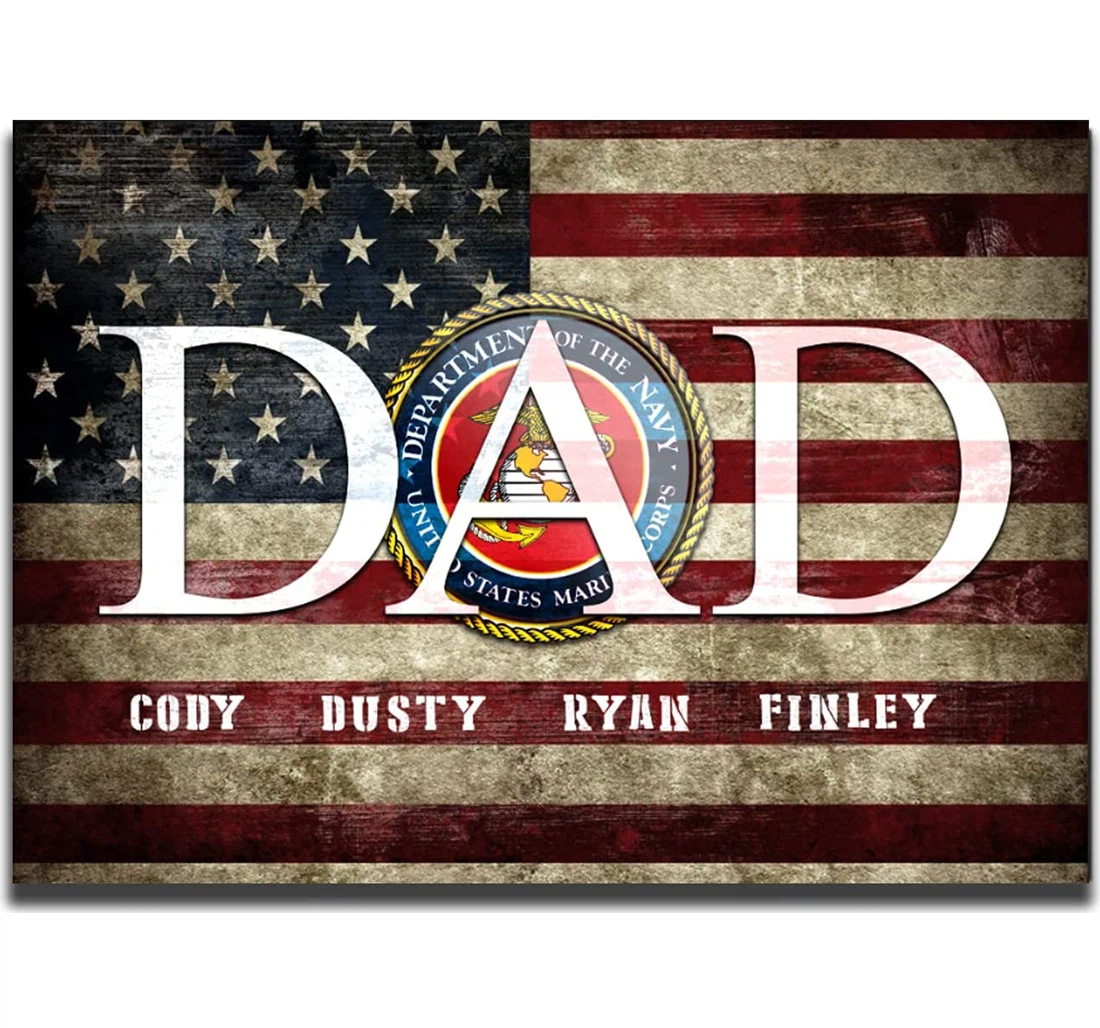 Poster, Canvas - Personalized Dad Children American Flag Us Military Veterans, Republicans, Conservatives Independence Day Gifts Custom Name Marine Print Framed Wall Art