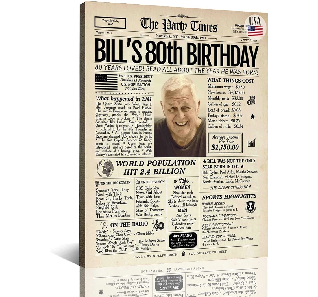 Poster, Canvas - 80th Birthday Anniversary, Back In 1941 Custom Men Women, Party Anniversary Supplies, Gifts Women Or Men Birthday Newspaper Funny Gifts Ideas And Print Framed Wall Art