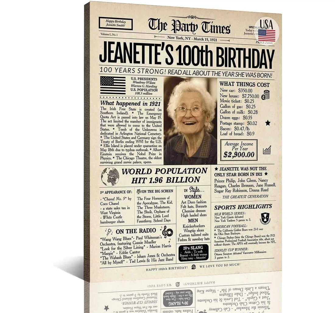 Poster, Canvas - 100th Birthday Anniversary, Back In 1921 Custom Men Women, Party Anniversary Supplies, Gifts Women Or Men Birthday Newspaper Funny Gifts Ideas And Print Framed Wall Art