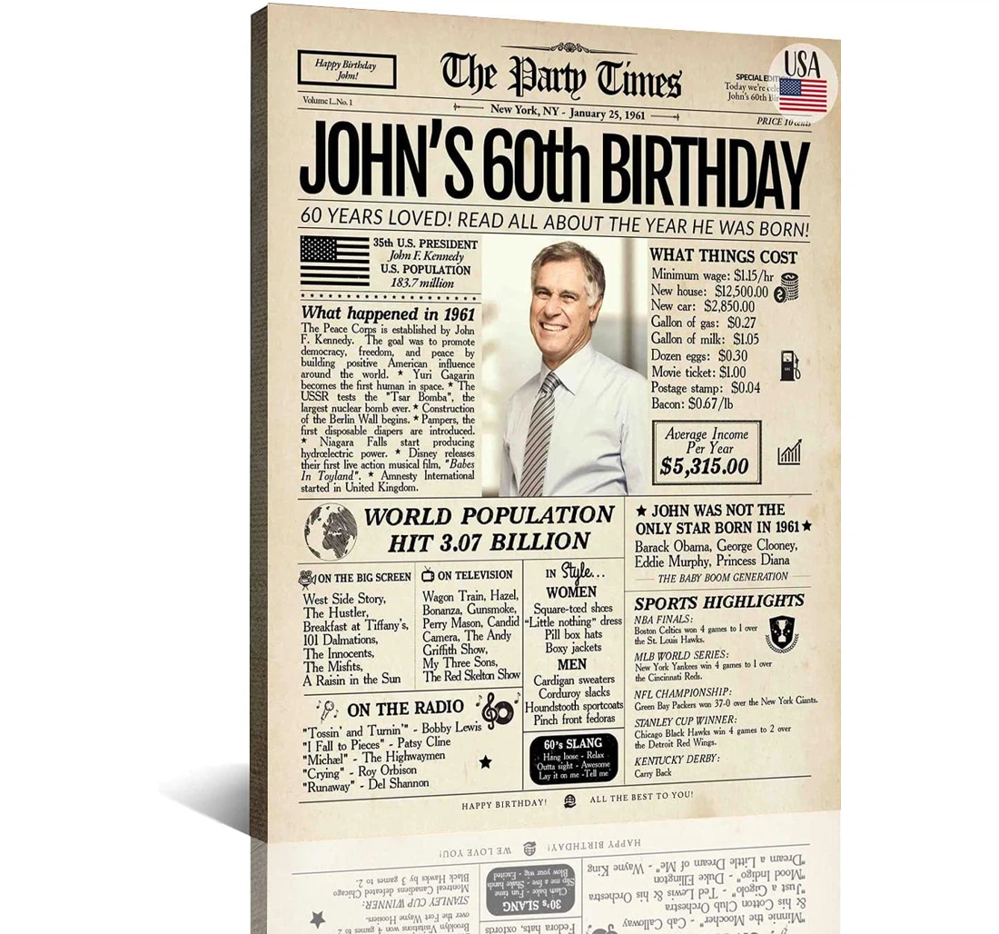 Poster, Canvas - 60th Birthday Anniversary, Back In 1961 Custom Men Women, Party Anniversary Supplies, Gifts Women Or Men Birthday Newspaper Funny Gifts Ideas And Print Framed Wall Art