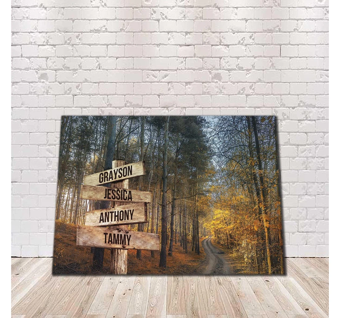 Poster, Canvas - Personalized Autumn Road Multi Names Premium Street Signs Customized With Names Living Vintage Bedroom, Living Room, Birthday Print Framed Wall Art