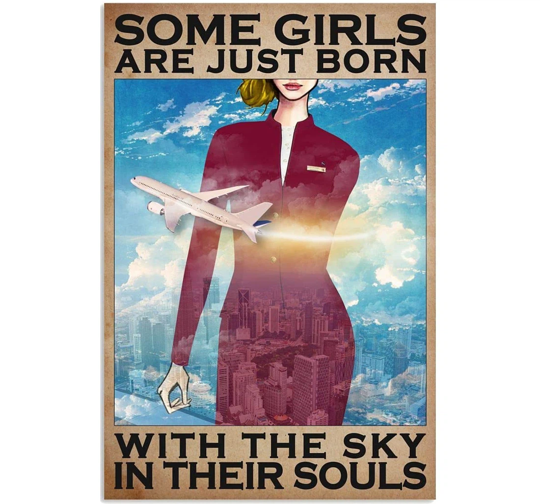 Poster, Canvas - Flight Attendent Some Girl Are Just Born With The Sky In Their Souls Print Framed Wall Art