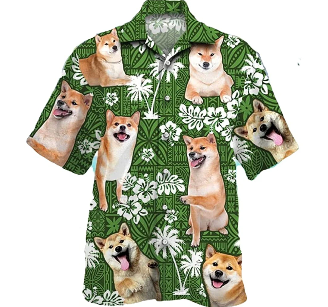 Personalized Green Shiba Inu Green Tribal Pattern White Coconut Tree Hawaiian Shirt, Button Up Aloha Shirt For Men, Women
