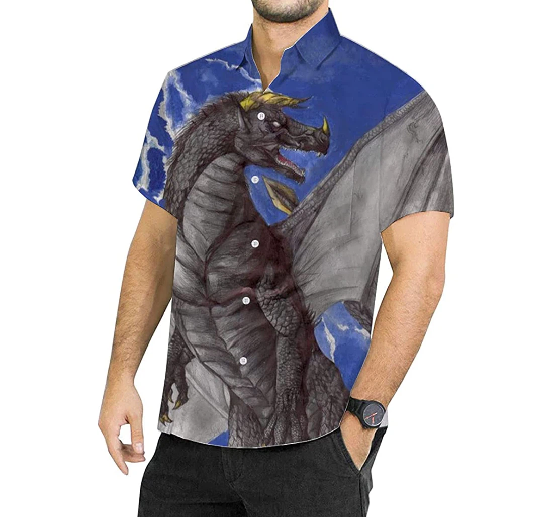 Personalized Drawing Black Dragon Golden Horns Facing Regular Fit Hawaiian Shirt, Button Up Aloha Shirt For Men, Women