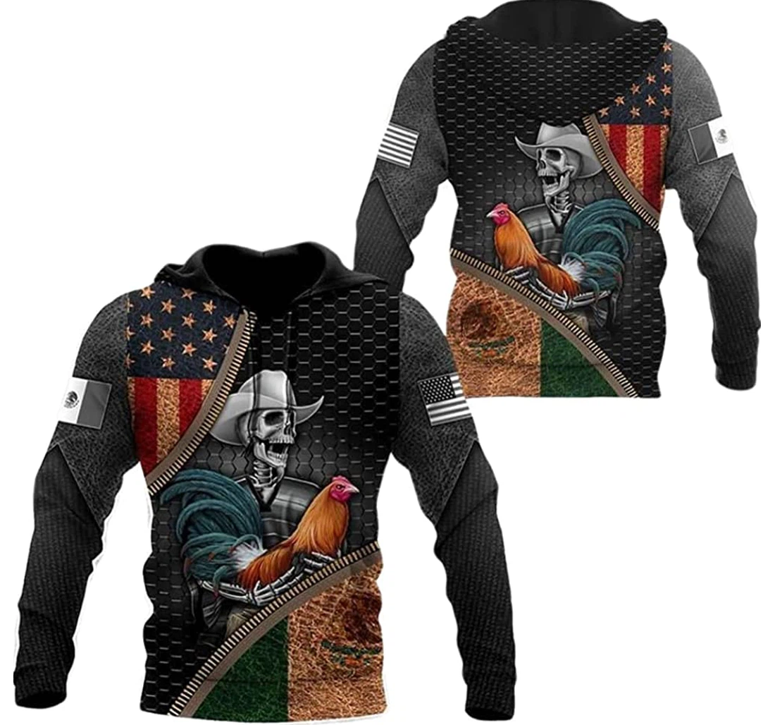 America Skull Mexican Rooster Flag Leather - 3D Printed Pullover Hoodie