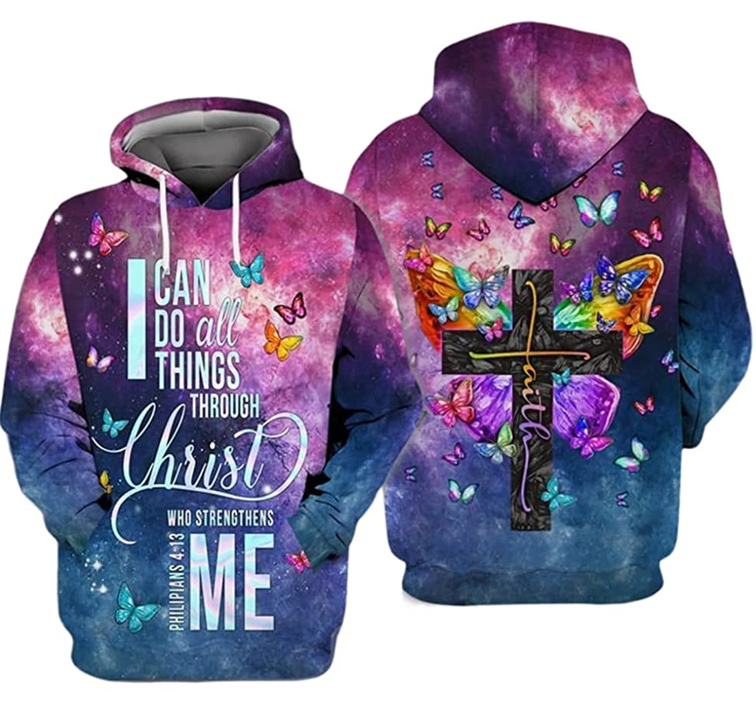 Butterfly Jesus Cross I Can Do All Things Through Christ Galaxy Background - 3D Printed Pullover Hoodie