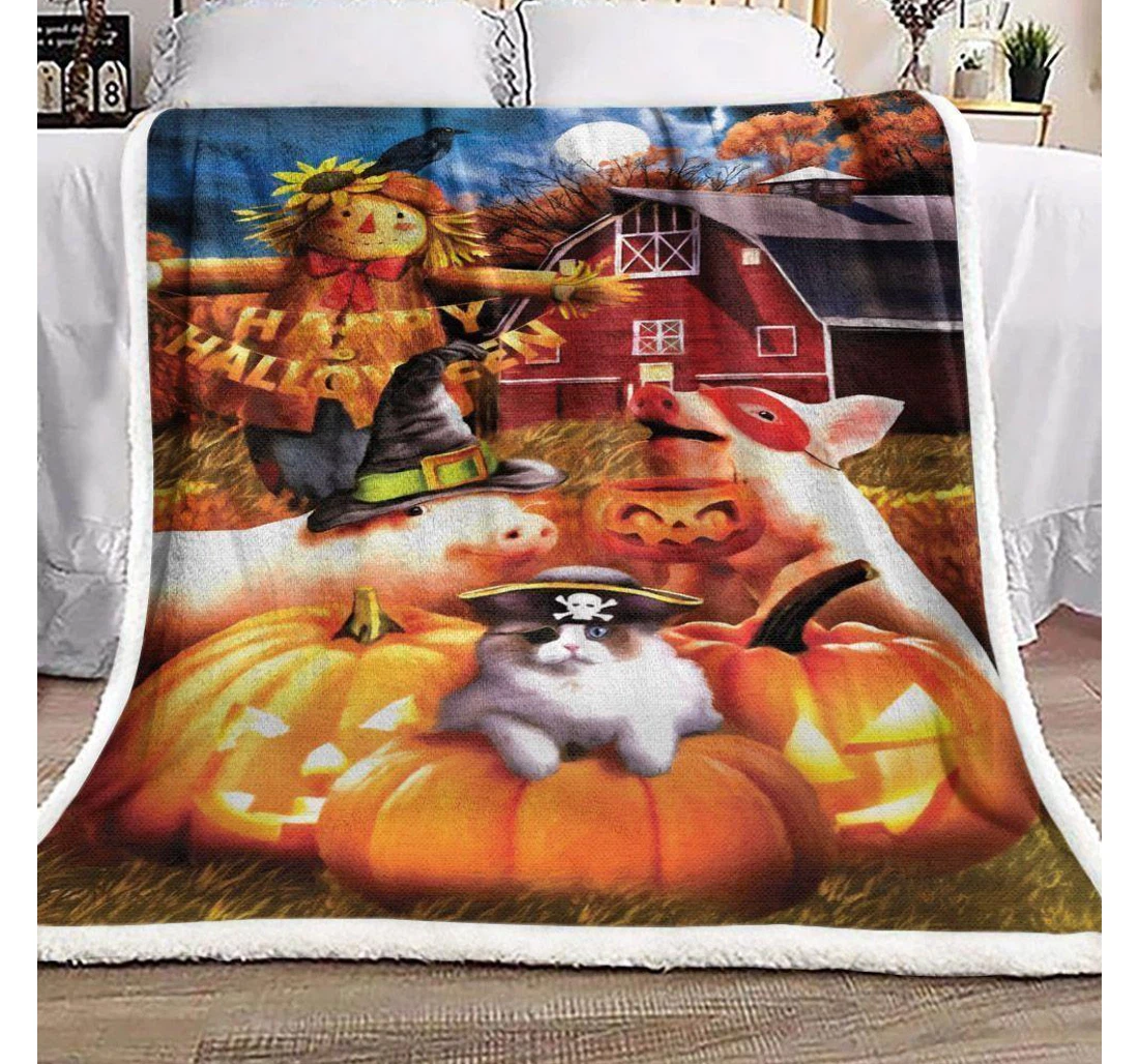 Throw Blanket, Quilt - Btl0507 Halloween Happy Halloween Animals Sherpa Fleece