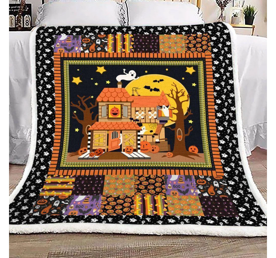 Throw Blanket, Quilt - Halloween Funny Halloween House Sherpa Fleece