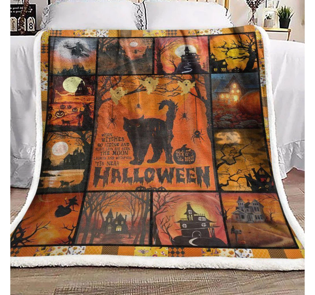 Throw Blanket, Quilt - Halloween When Witches Go Riding And Black Cats Are Seen Sherpa Fleece