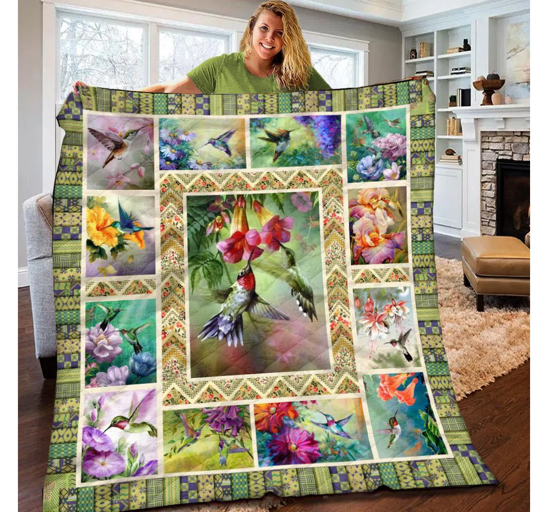 Throw Blanket, Quilt - Btl098 Hummingbird Beautiful Hummingbird With Flower Sherpa Fleece