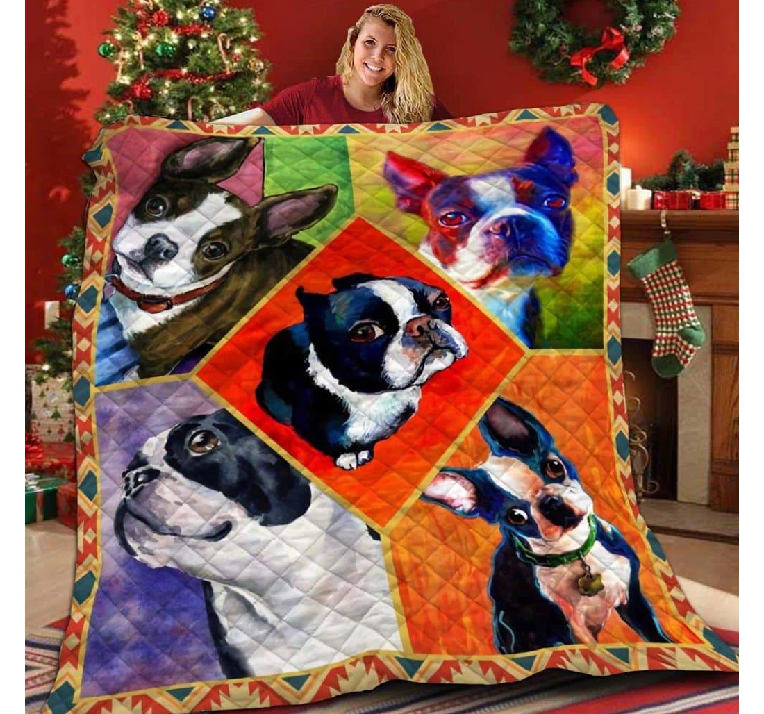 Throw Blanket, Quilt - Boston Terrier Colorful Boston Terrier Dog Sherpa Fleece