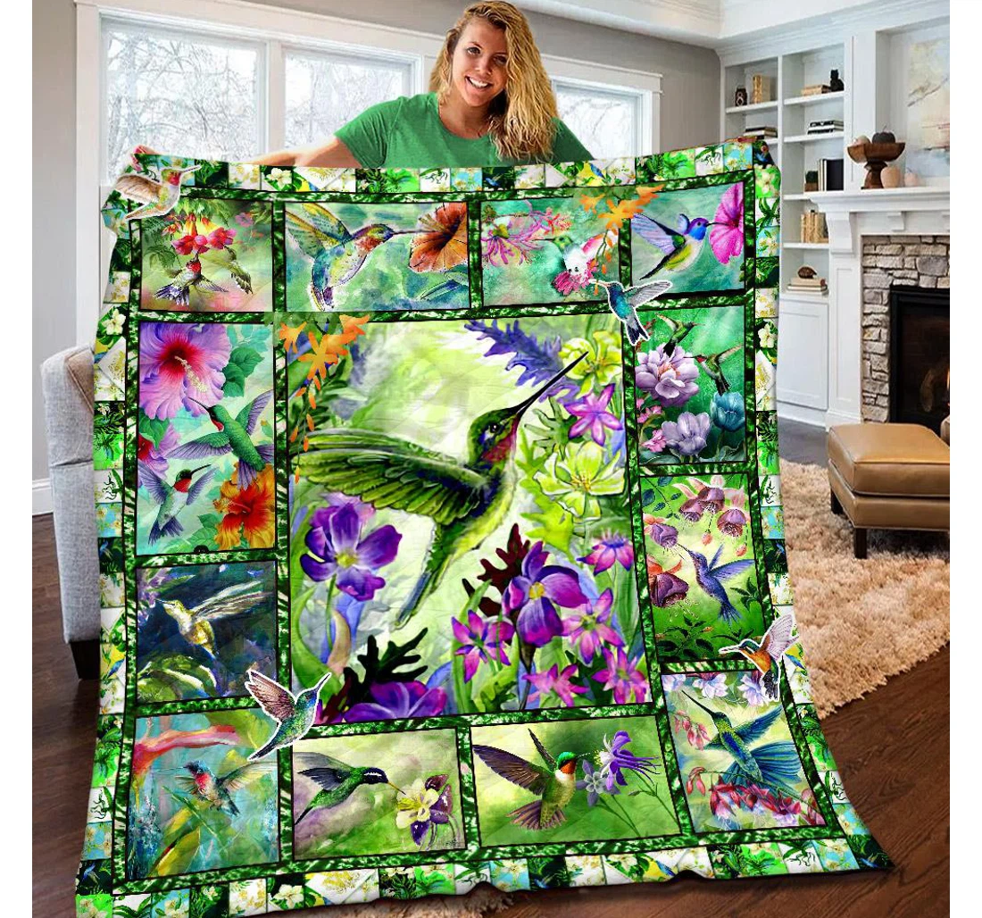 Throw Blanket, Quilt - Btl098 Hummingbird Beautiful Hummingbird With Flower Sherpa Fleece