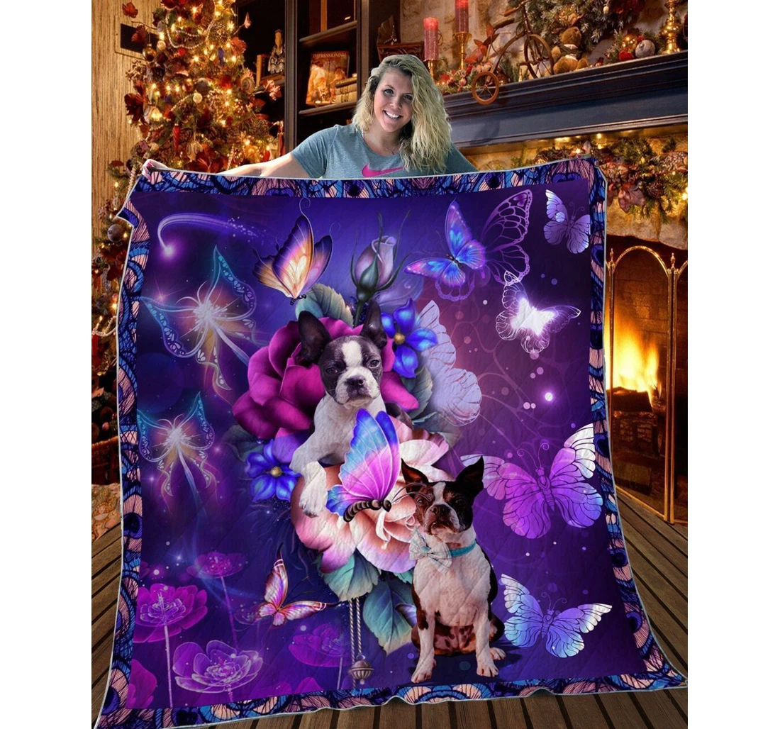 Throw Blanket, Quilt - Boston Terrier Boston Terrier Butterfly Sherpa Fleece