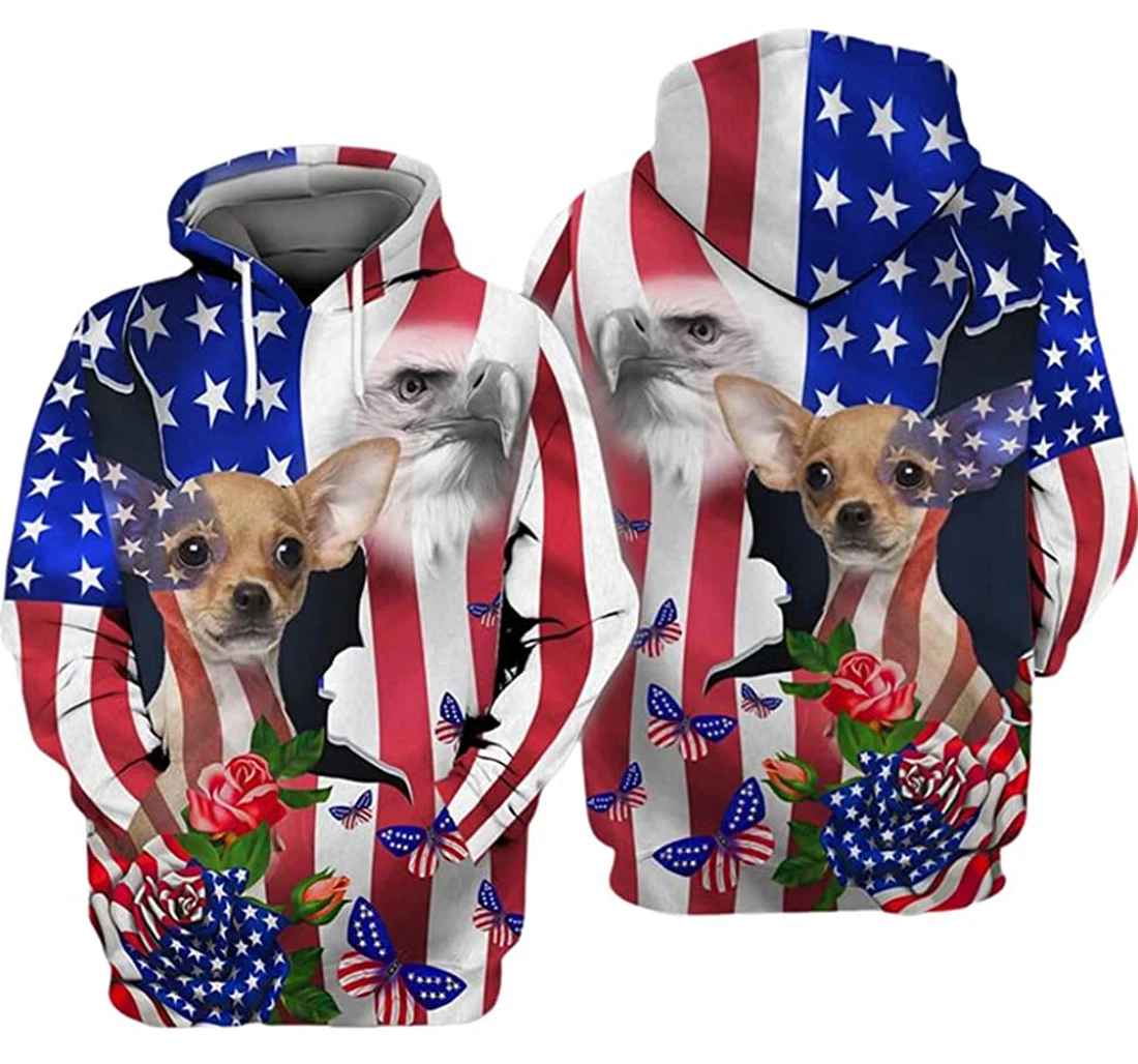 Independence Day Amderican Patriot Chihuahua Eagle Rose And Butterfly Art - 3D Printed Pullover Hoodie