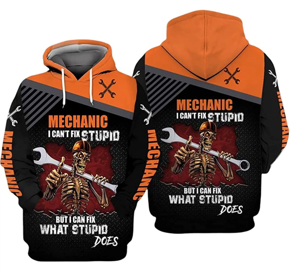 Mechanic Skull I Cant Fix Stupid But I Can Fix What Stupid - 3D Printed Pullover Hoodie