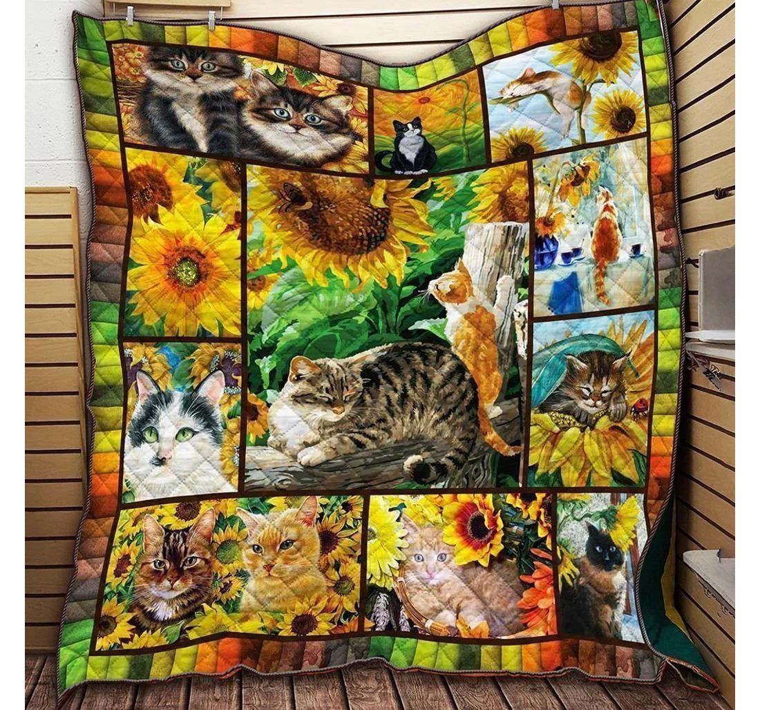 Throw Blanket, Quilt - Cat Cat With Sunflower Sherpa Fleece