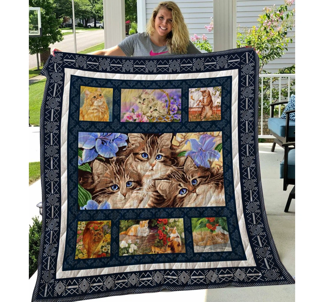 Throw Blanket, Quilt - Cat Cats And Purple Flower Sherpa Fleece