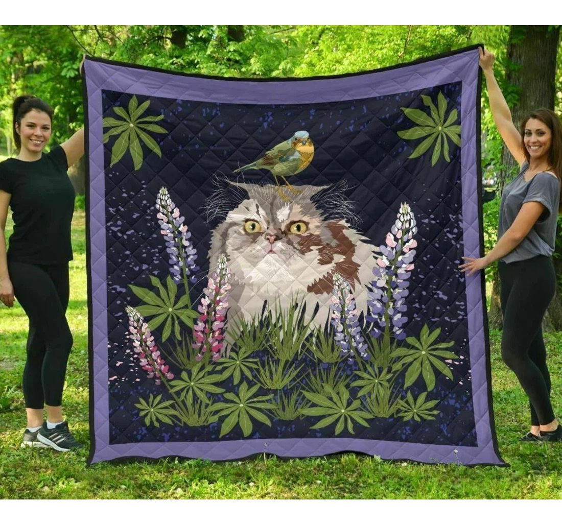 Throw Blanket, Quilt - Cat Cat And Bird With Lupine New Zealand Sherpa Fleece