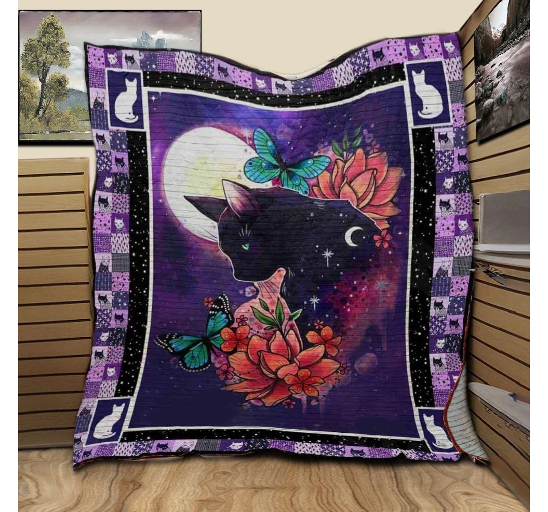 Throw Blanket, Quilt - Cat Black Cat Flower Sherpa Fleece