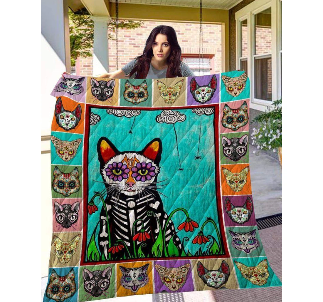 Throw Blanket, Quilt - Cat Skull Cat Sherpa Fleece