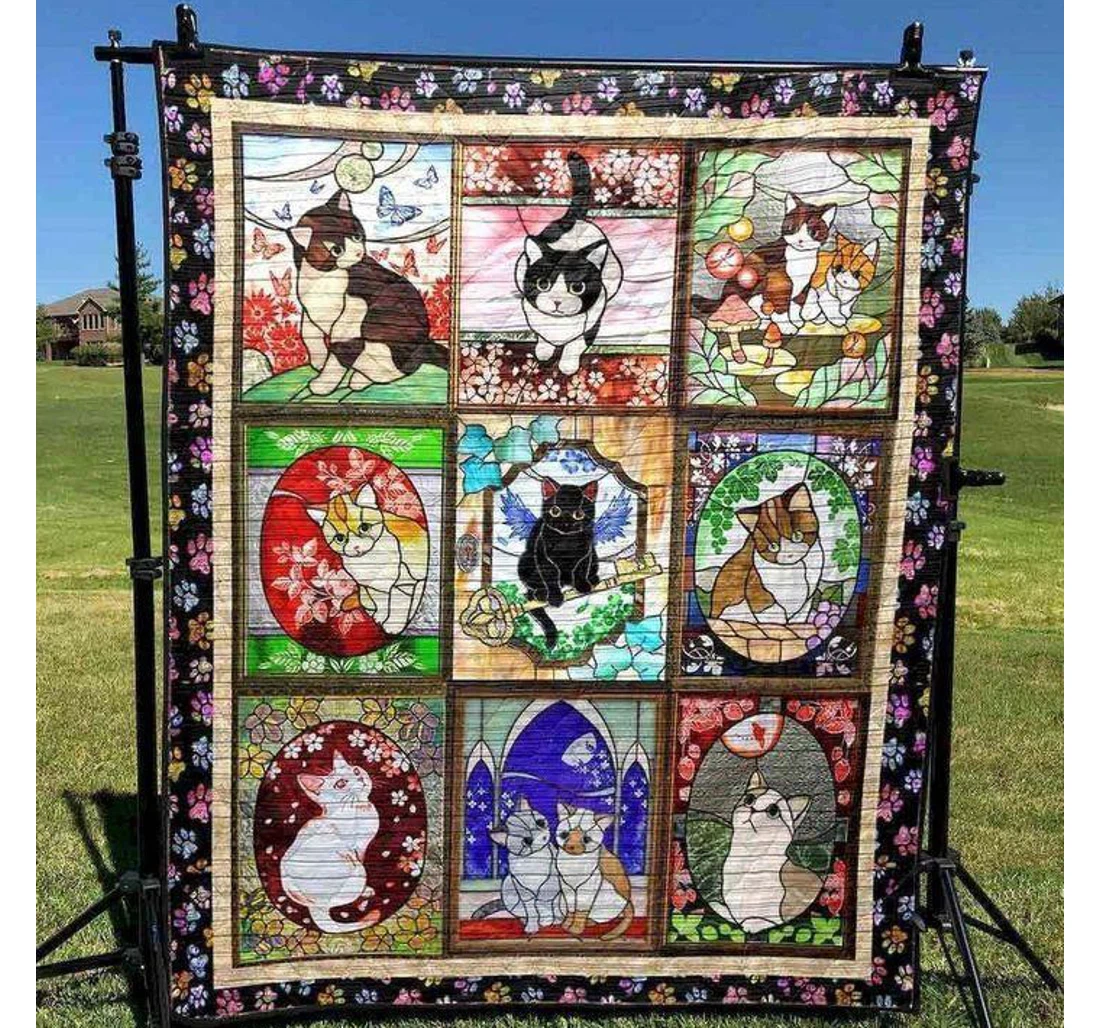 Throw Blanket, Quilt - Cat Beautiful Stained Glasses Cats Sherpa Fleece