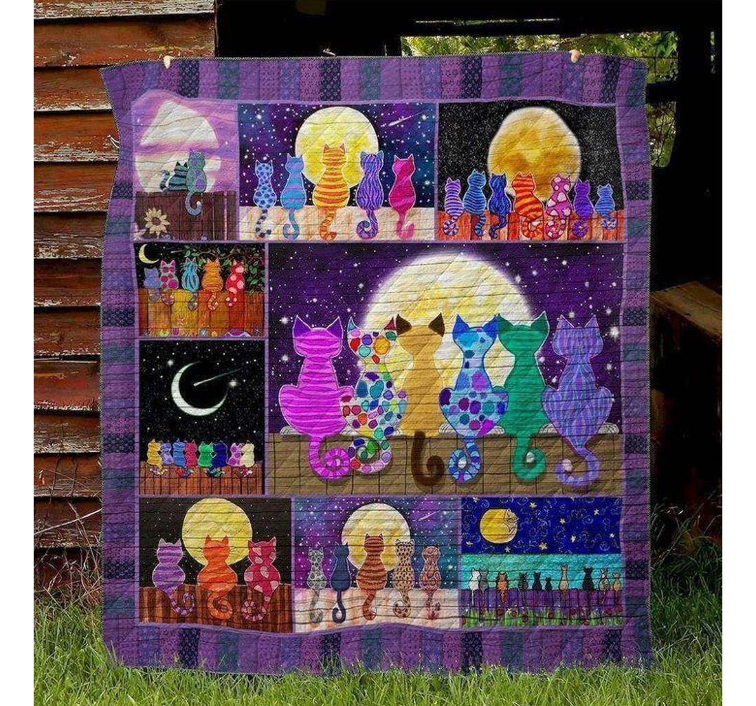 Throw Blanket, Quilt - Cat Colorful Cats And Moon Sherpa Fleece