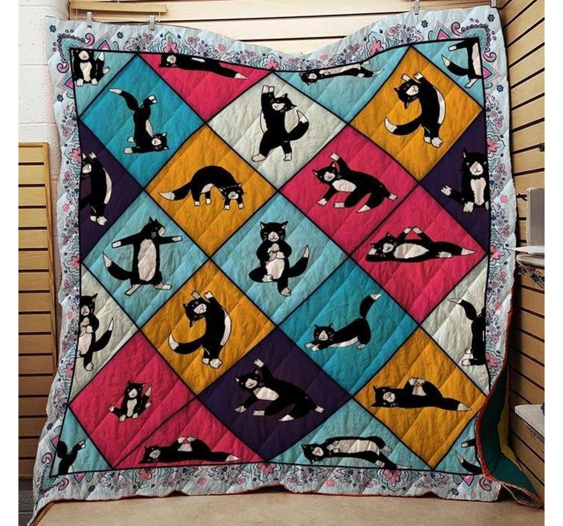 Throw Blanket, Quilt - Cat Cat Loves Yoga Sherpa Fleece