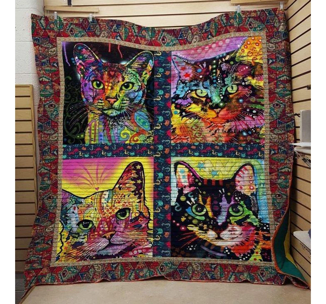 Throw Blanket, Quilt - Cat Hippie Face Cat Sherpa Fleece