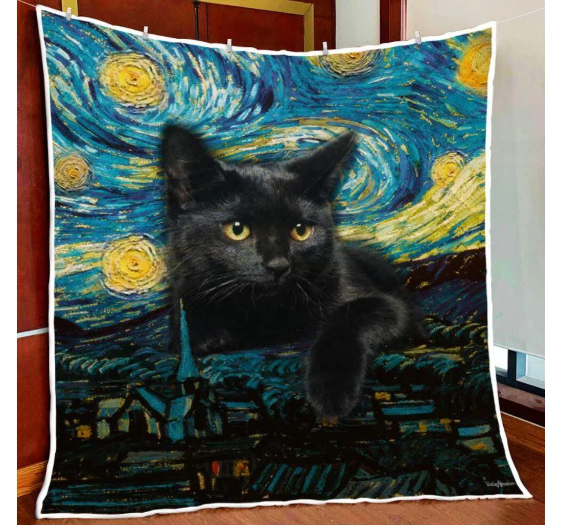 Throw Blanket, Quilt - Cat Black Cat Starry Night Sherpa Fleece