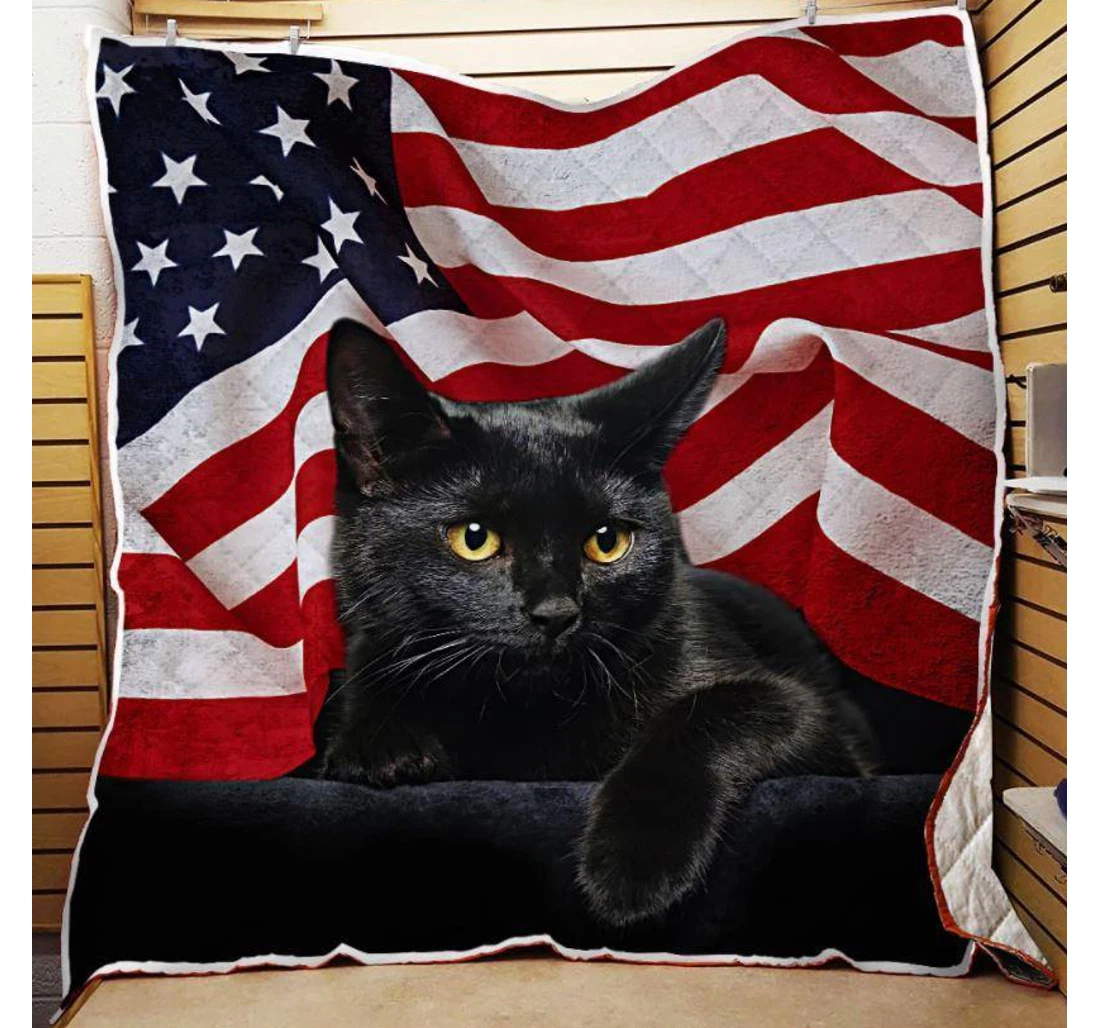 Throw Blanket, Quilt - Cat American Flag Sherpa Fleece