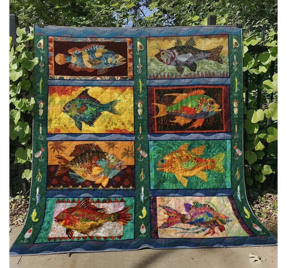 Throw Blanket, Quilt - Fishing Colorful Fish Sherpa Fleece