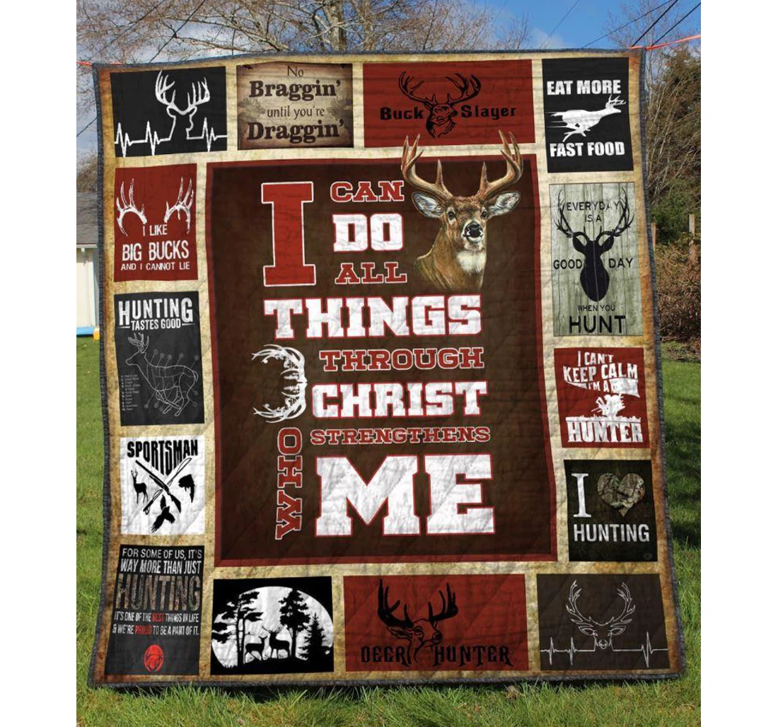 Throw Blanket, Quilt - Deer Hunting I Can Do All Things Through Christ Sherpa Fleece