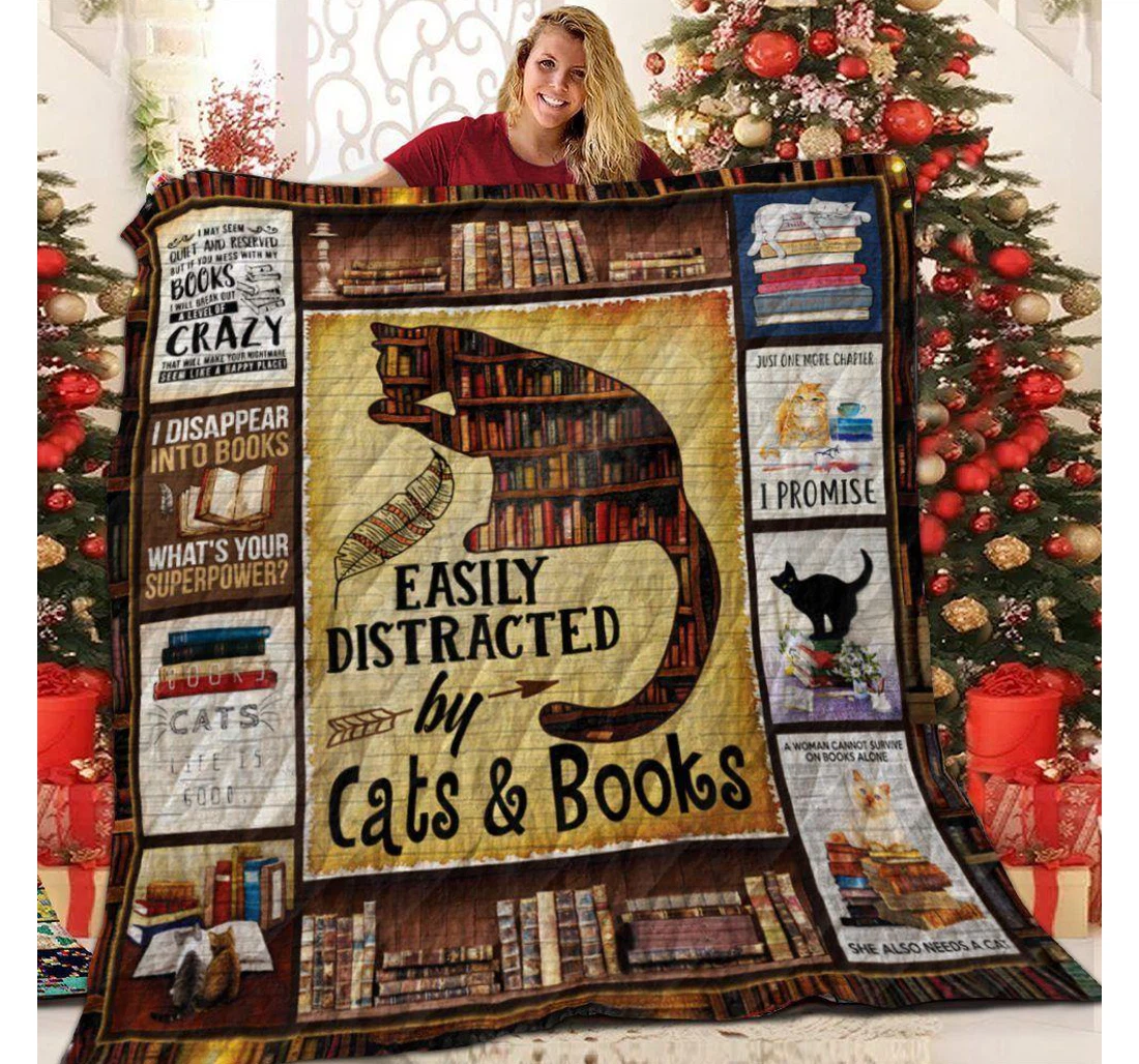 Throw Blanket, Quilt - Cat Easily Distracted By Cats Books Sherpa Fleece