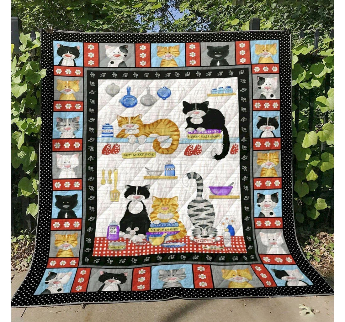 Throw Blanket, Quilt - Cat Cats In Kitchen Sherpa Fleece