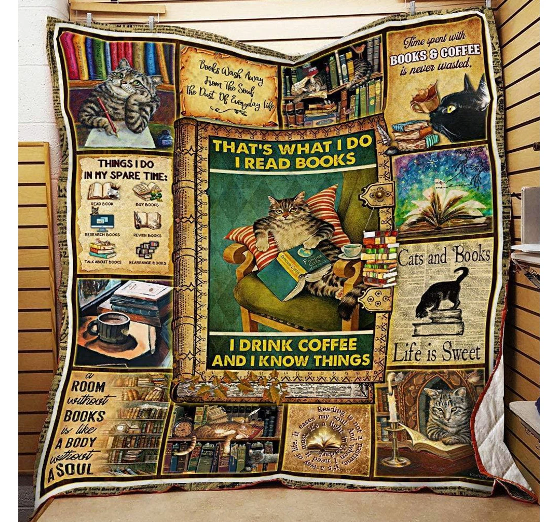 Throw Blanket, Quilt - Cat Book Coffee And Cat Sherpa Fleece