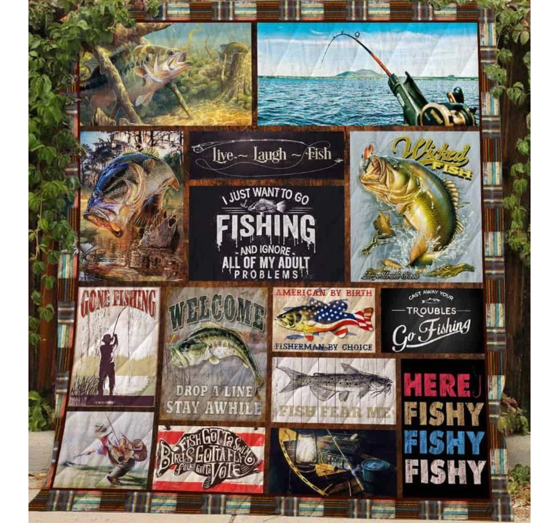 Throw Blanket, Quilt - Fishing Live Laugh Fish Sherpa Fleece